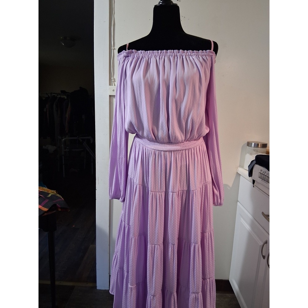 Lilly Pulitzer Lavender Clip Dot Off Shoulder Tiered Midi Dress Purple Smocked